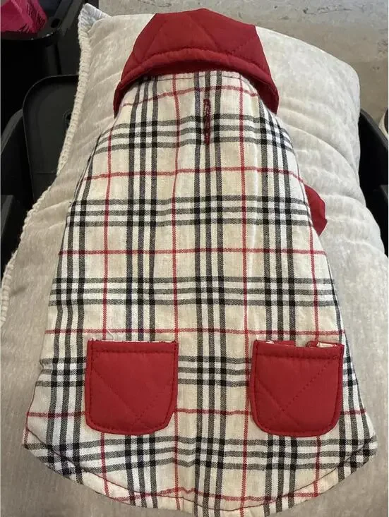 Reversible Red & Plaid Quilted Dog Jacket with Hood and Snap Closure