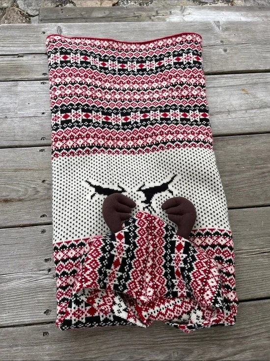 Festive Red & White Reindeer Knit Dog Sweater with Antler on hood size: XL