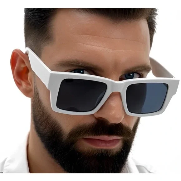 Mens White Rectangular Sunglasses Bold Square Chunky New Retro Streetwear‎ Shade