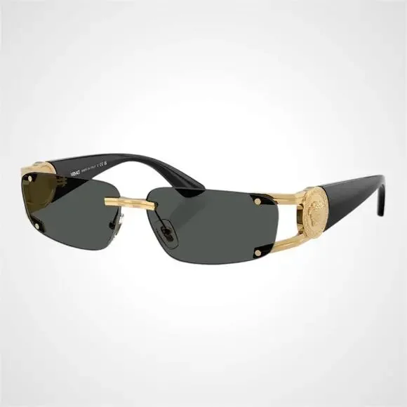 New VERSACE Sunglasses Black Gold Rectangle 59MM Rimless Medusa Retro Authentic