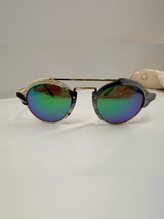 Illesteva Round Tortoise Dual-Tone Frame Sunglasses w/ Green-Blue Mirrored Lense