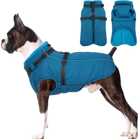Lelepet Dog Jacket Built-In Harness Winter Coat Medium Blue Reflective Fleece‎