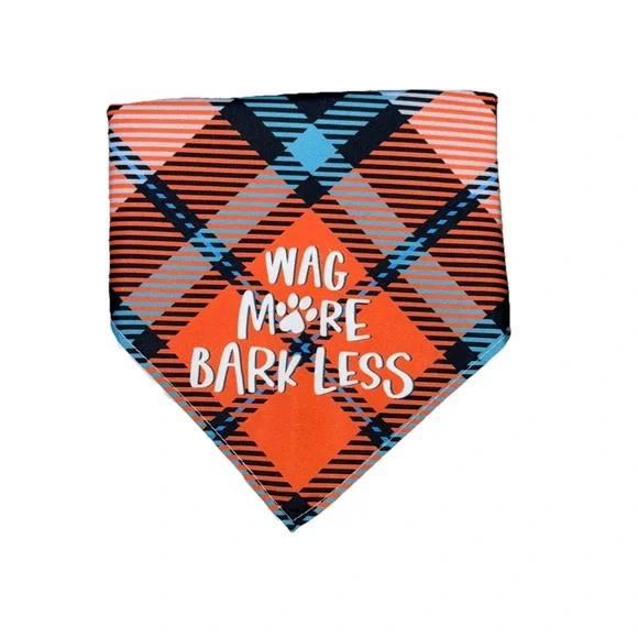 Dog Bandana Orange & Blue Plaid with Caption “Wag More Bark Less