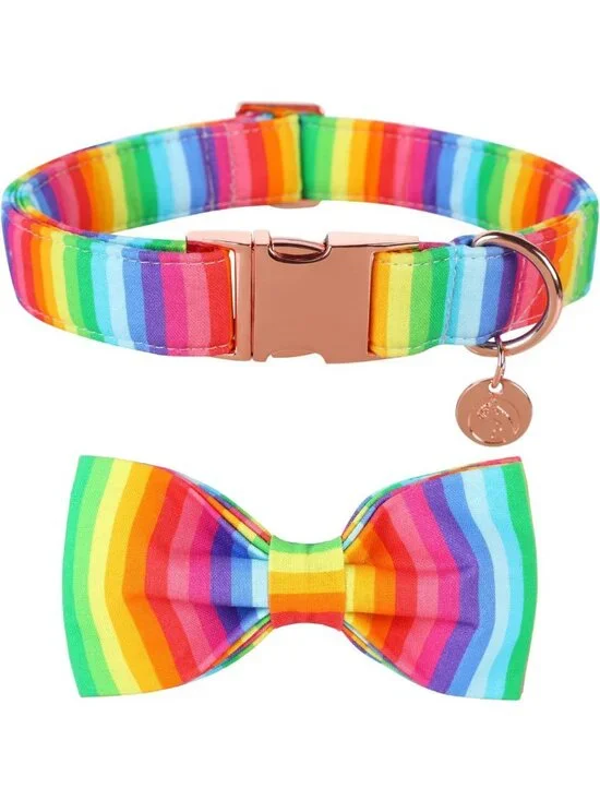 Adjustable Rainbow Dog Collar with Bow Tie - Perfect for LGBT Pride Month, All
