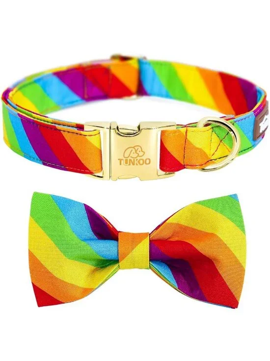 Rainbow Dog Collar with Bow Tie - Adjustable, Comfortable for All Pets - Pride