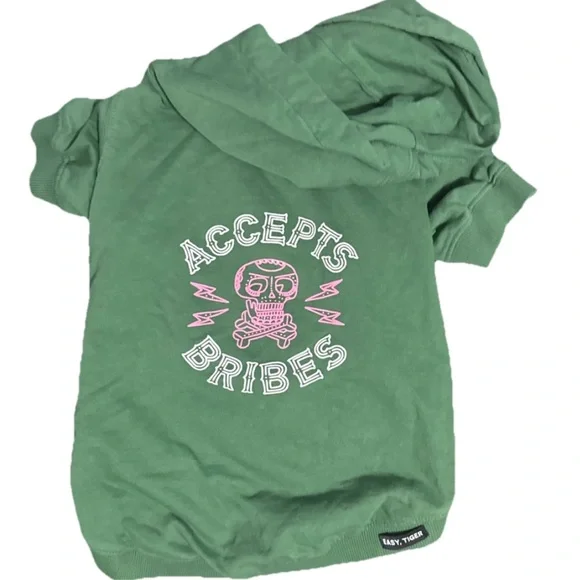 Dog Hoodie with Graphic “Accepts Bribes”Green Medium