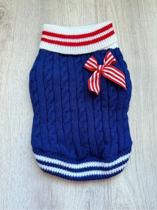 Red, White & Navy Blue Striped Bow - Pet/Puppy Dog Sweater/Dress - size Small