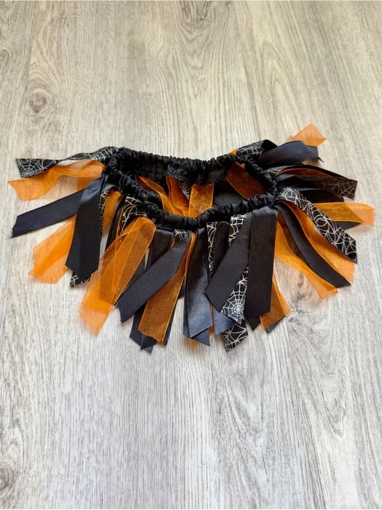 Halloween - Ribbon Fringe Pet/Puppy Dog Skirt in Black & Orange with Spiderwebs