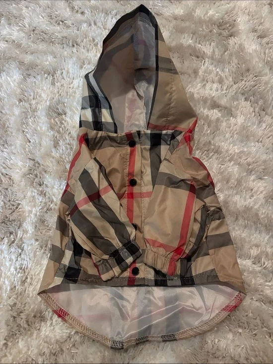 Classic designer inspired Plaid Hooded doggy Rain Jacket - Beige/Red
