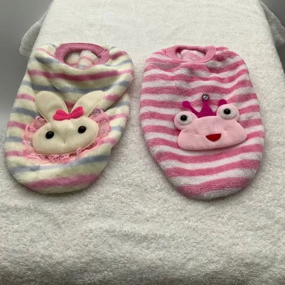 Set of 2 XS Pet Sweaters Pink Striped Fleece Bunny Frog Character Vest‎ Bundle