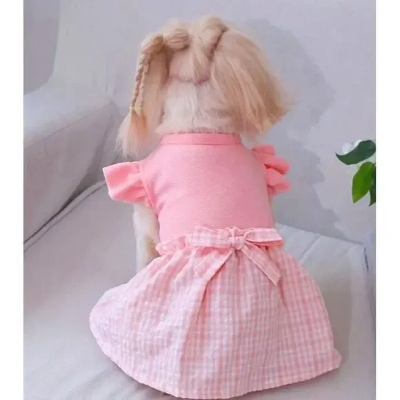 Pink Plaid Bow Ruffles‎ Dog Pet Cat Medium Dress NWOT