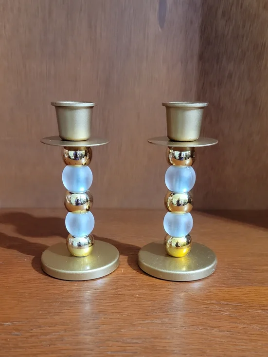 Gold Candlesticks with Frosted White And Gold Beads - Pair