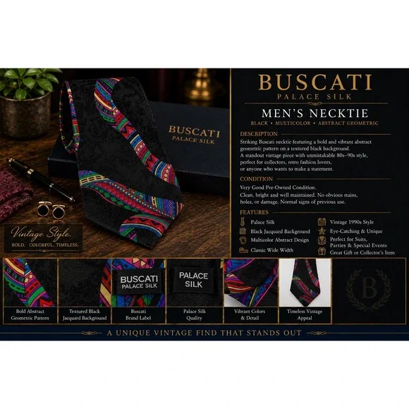 Buscati Men's Palace Silk Necktie Abstract Geometric Vintage 1990s
