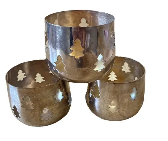 VTG Holiday Votive Candle Holders Silver Cut-out Xmas Trees Tea Lights Lot Of 3