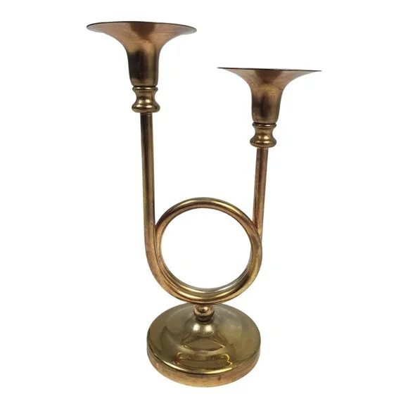 Vintage 2 Arm Trumpet Candle Holder Brass Candelabra Fox Hunting Horn Old Money