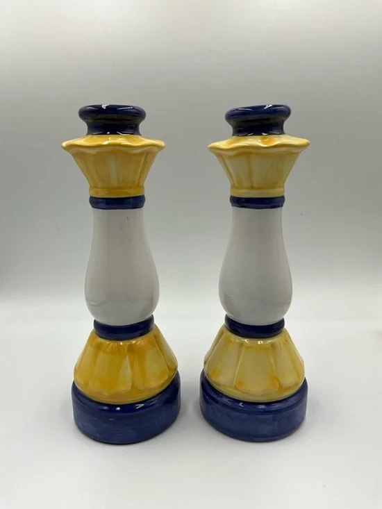 CandleHolders Set of 2  Ceramic Yellow and Blue Decorative
