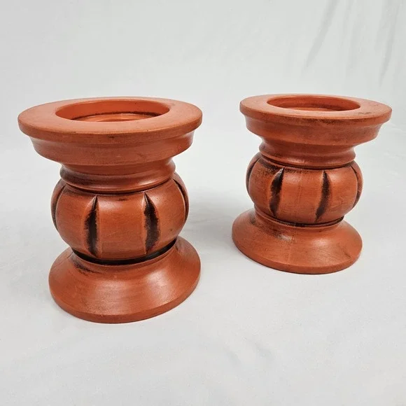 Vintage Boho Pillar Candle Holders Retro Orange Pottery 1960's Japan MCM