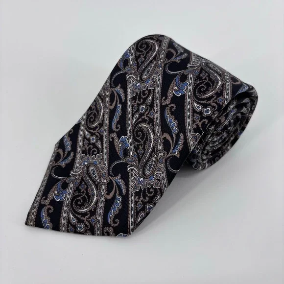 Christian Dior Vintage Silk Paisley Stripe Necktie Men OS Blue Tan Italy USA