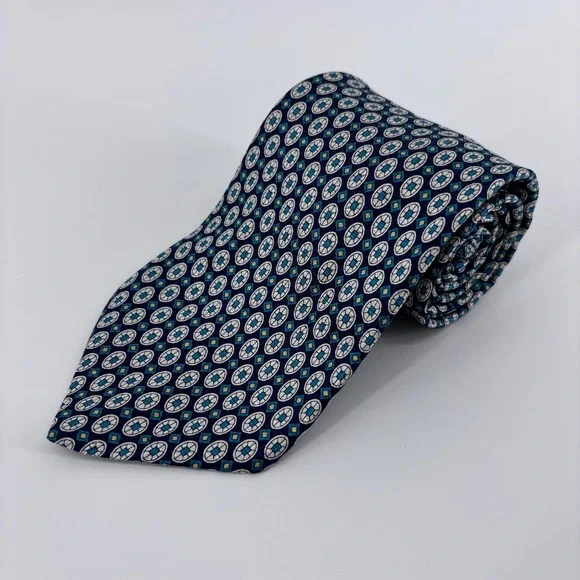 Brooks Brothers Makers Silk Geometric Medallion Necktie Mens OS Navy Gold NEW