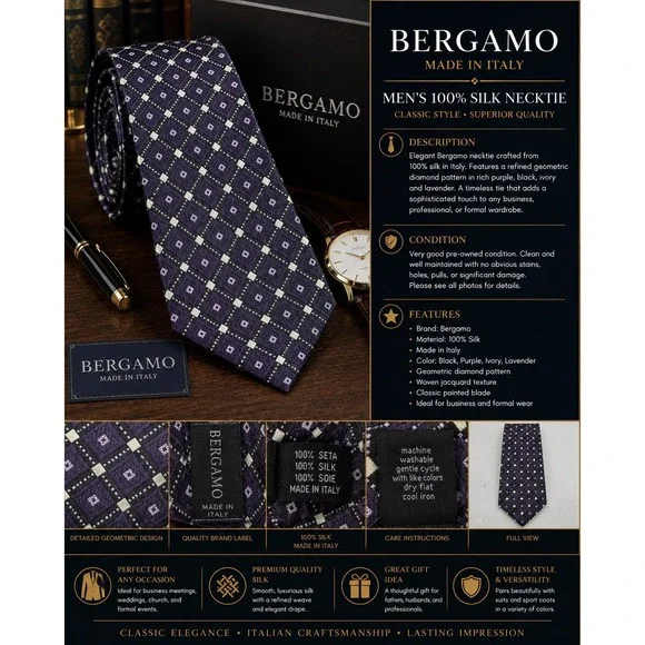 Bergamo Men's 100% Silk Necktie Black Purple Geometric Diamond Made in Italy