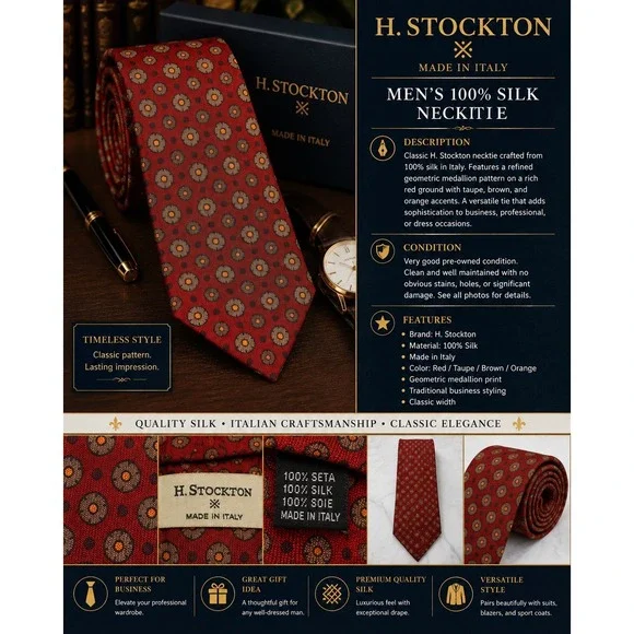 H. Stockton Men's 100% Silk Necktie Red Geometric Medallion Print Made in Italy