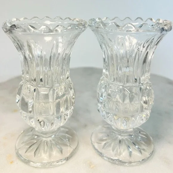Vtg Clear Crystal Bud Vases Candle Holders Set of 2 Pattern Tealight Votive Gift