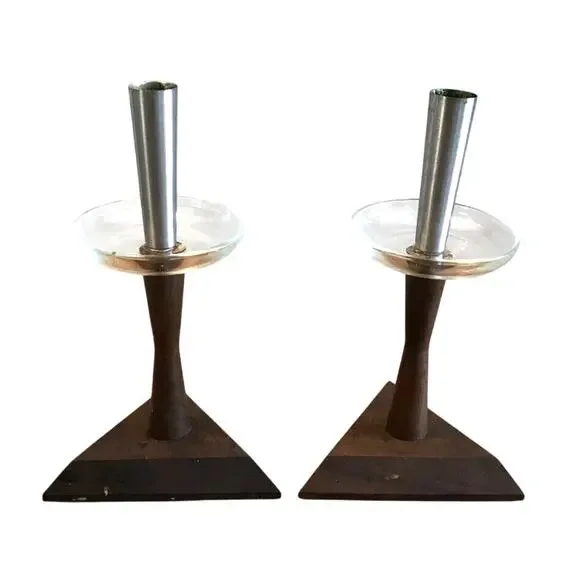 VTG MCM Walnut Wood Glass Candle Holders Pair Mid Century Modern Metal 8.25