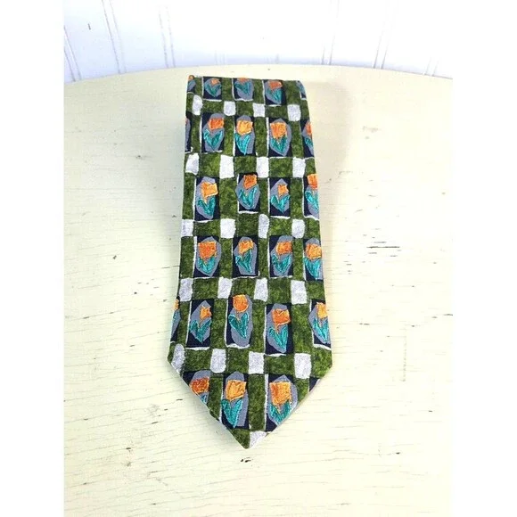 Ermenegildo Zegna Silk Tie Tulip Geometric Floral Pattern Made In Italy Designer
