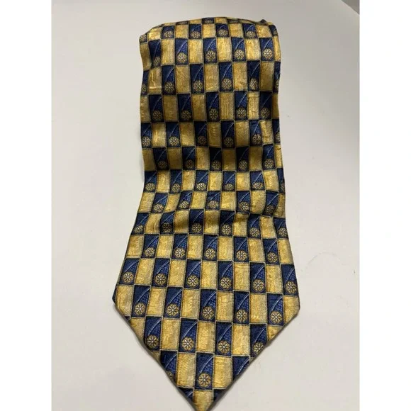 Citta Alta Mens Silk Necktie Gold Navy Blue Geometric Floral Medallion Check Tie