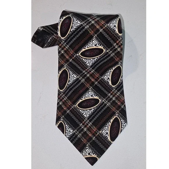 Champs Elysees Paris Mens Tie Black Brown Plaid Abstract Ovals Geometric Tie