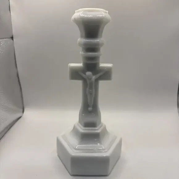 VTG Pressed Milk Glass, Crucifix Candlestick Holder 6 Sided Base *