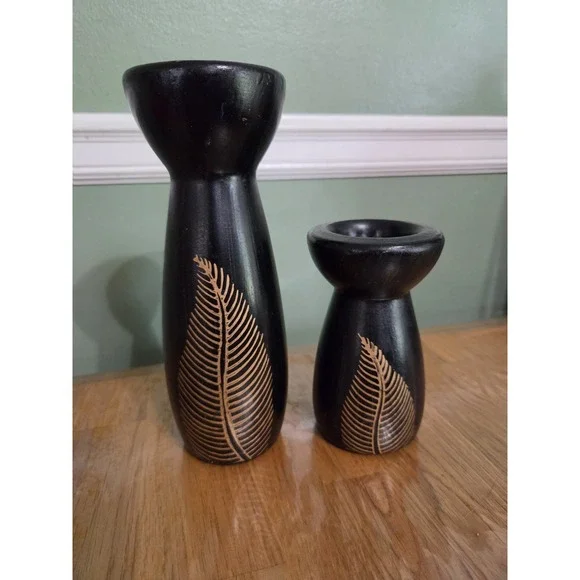 Vintage Ceramic Black/Gold Candle Holder Set 7.5
