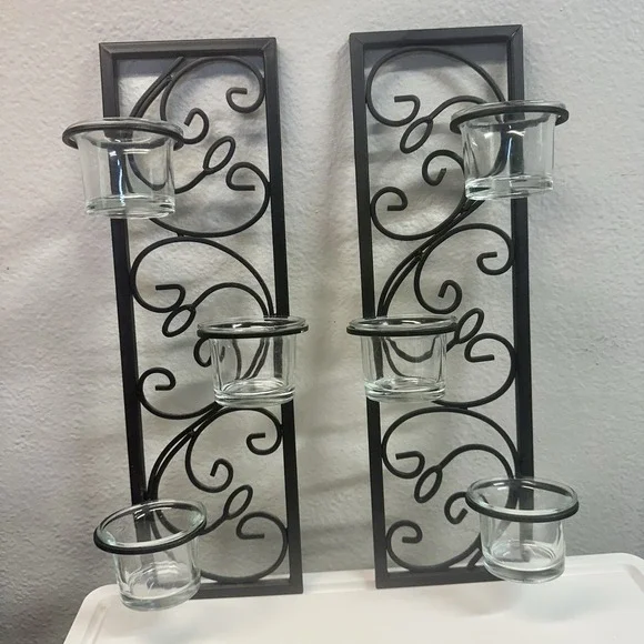 Set of 2 Black Metal Scroll Wall Candle‎ Holders Glass Votive Cups 14