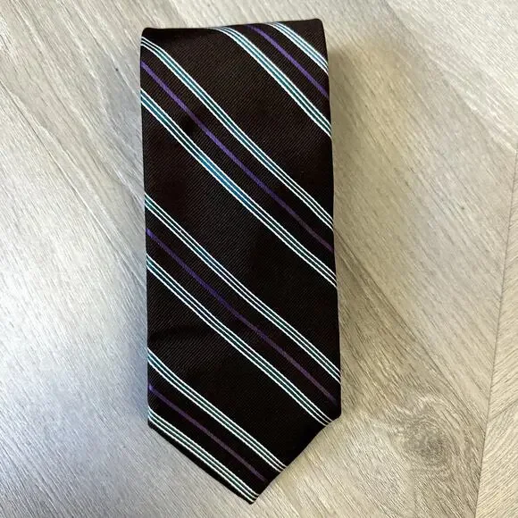 Hickey Freeman Brown Diagonal Stripe Silk Tie Blue White Purple