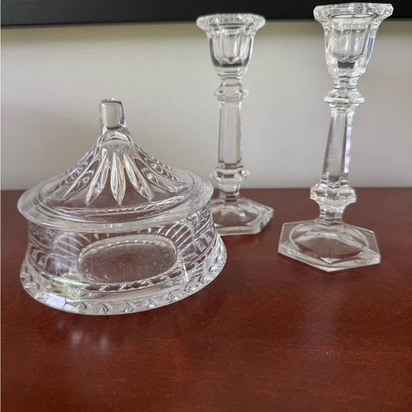 Beautiful‎ vintage glass pieces: canister and two candlestick holders