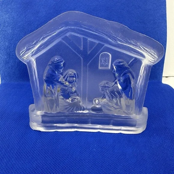 Vintage Frosted Glass Candle Holder Christmas Nativity Scene Manger 4