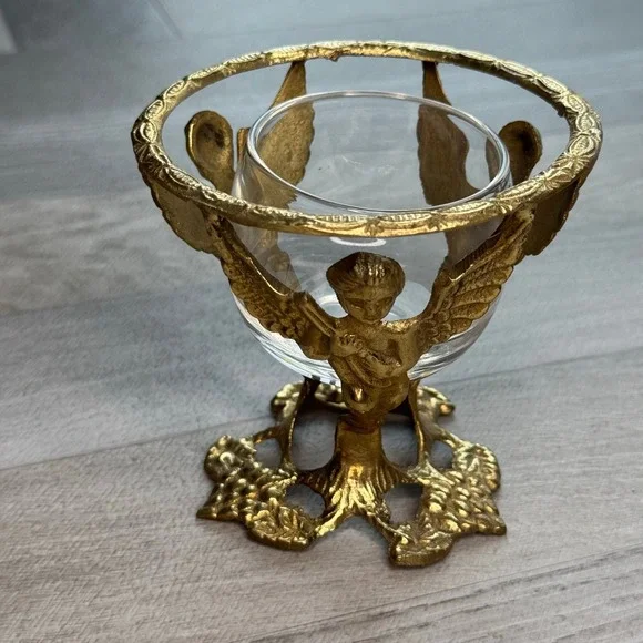 Ornate Angel Cherub‎ Candle Holder Glass Insert Brass Tone Tabletop Decor