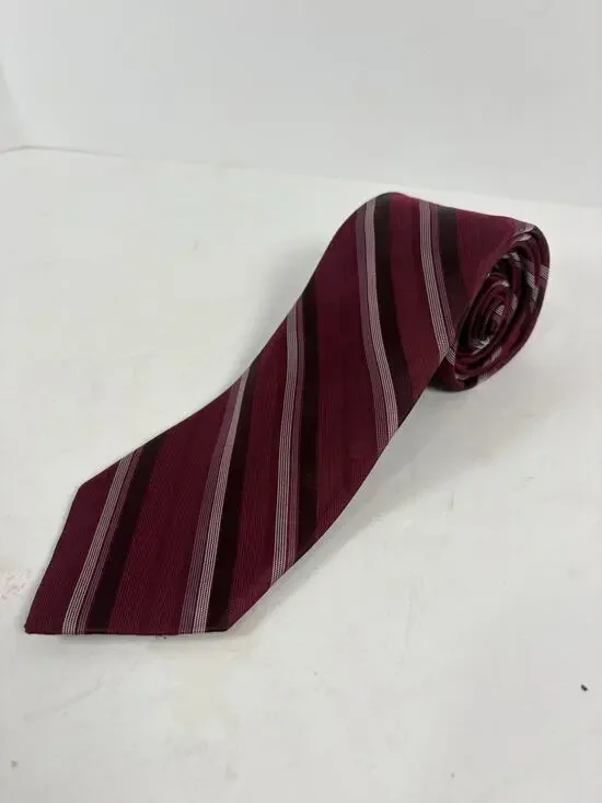 Calvin Klein Mens 100% Silk Tie Burgundy Pink Striped Designer Necktie Classic