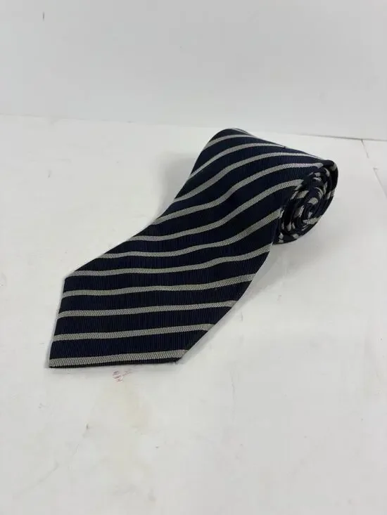 XMI Nordstrom Mens Silk Tie Navy Blue Silver Stripe Hand Sewn USA Necktie