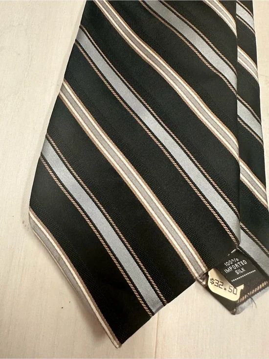 Jones New York Black Silk Tie with Gray and Brown Stripes