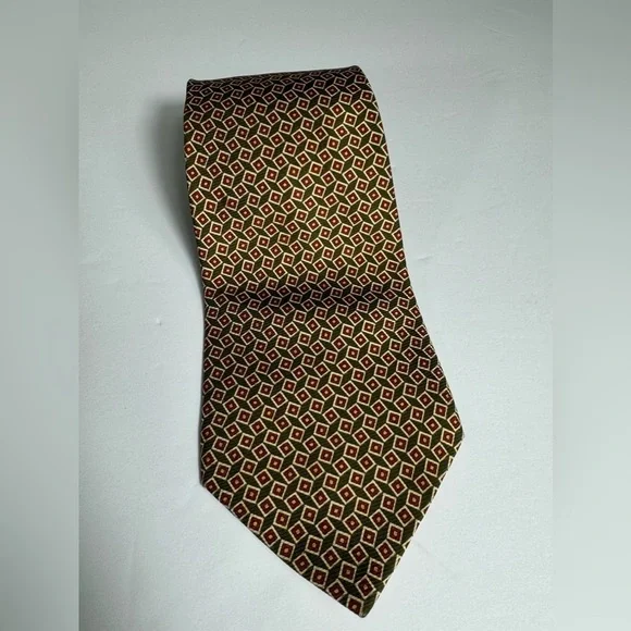 POLO RALPH LAUREN Necktie -Tie Handmade Usa Silk Green-Burgundy Squares