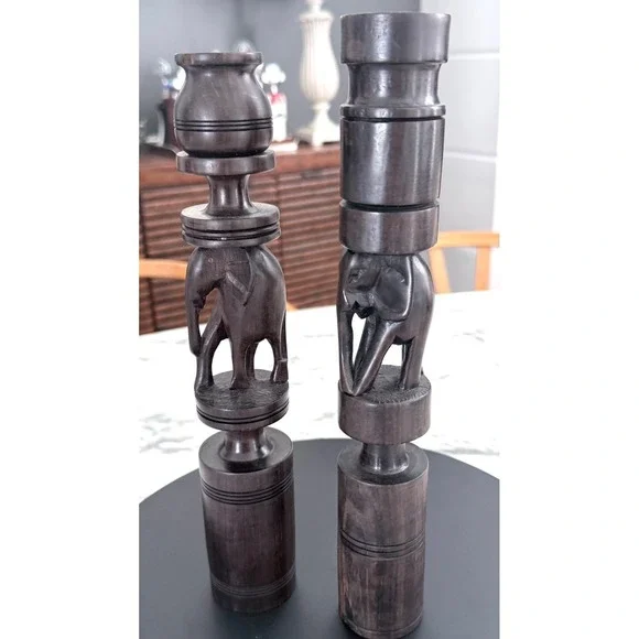 Wood Candlesticks‎ with Elephant, Set of two