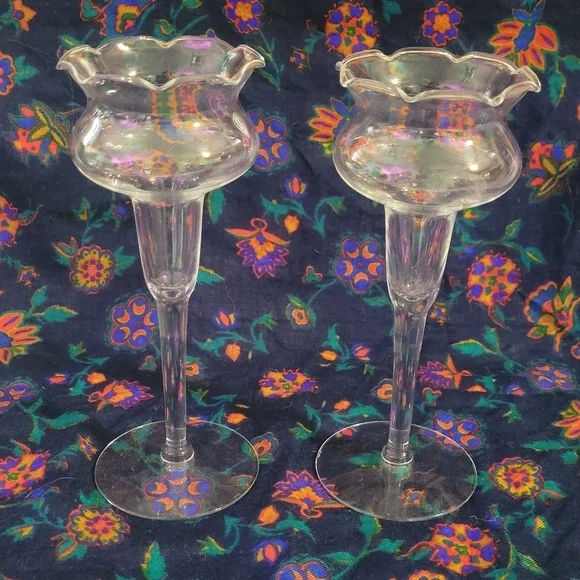 2 Blown Glass Princess‎ House Heritage Violet Candlestick Candle Holder Wavy Rim