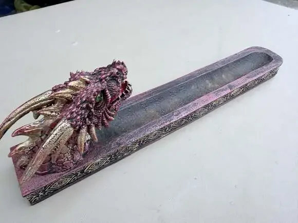 Red and Gold Dragon Head Resin Incense Burner Holder with Green Eyes