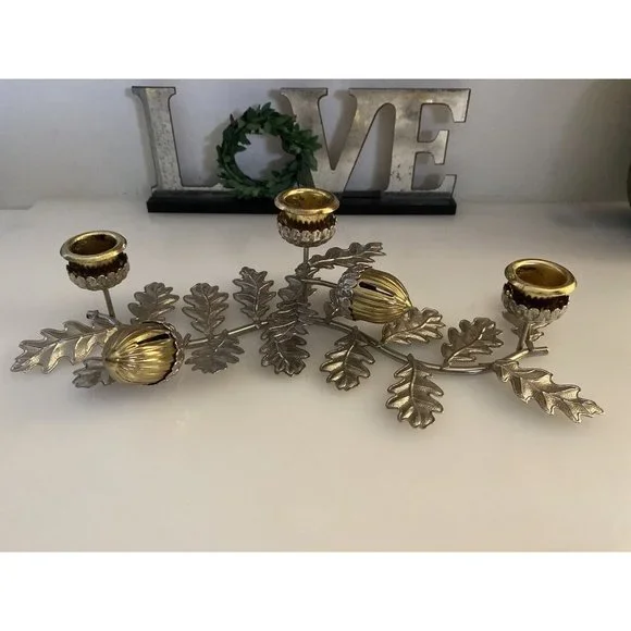 Silver‎ & Gold Tone Horizontal Candlestick Stick Holder Leaf w Hazelnut Design