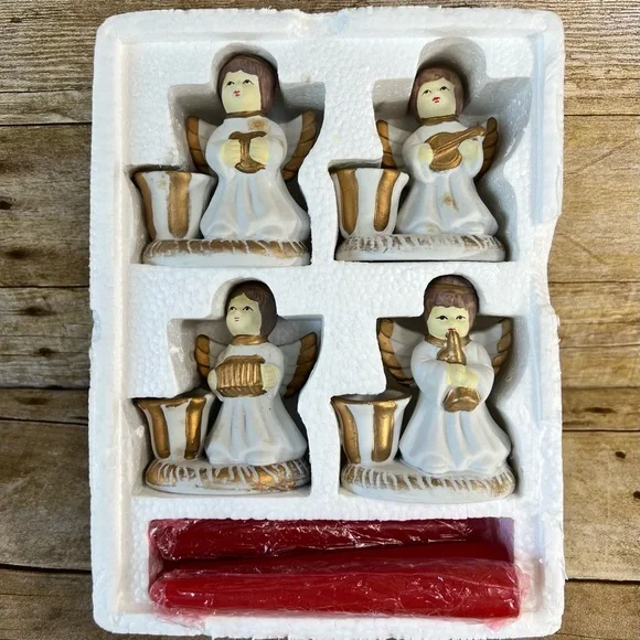 Vintage‎ Set of 4 Ceramic Musical Angel Candle Holders with Red Taper Candles