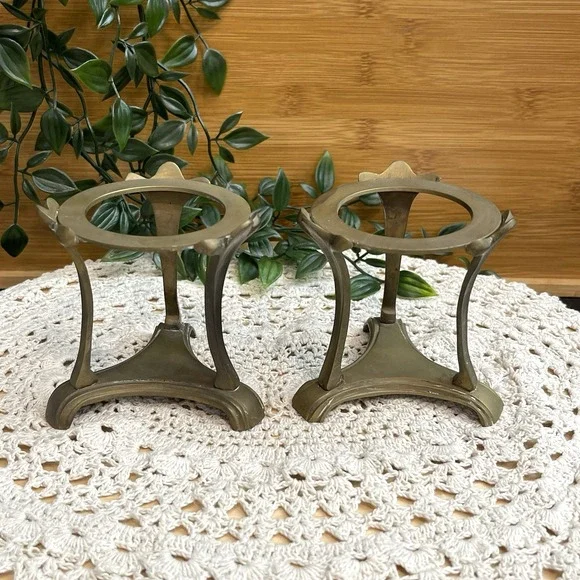 Vtg Brass Sphere Stand Pair Mid Century Crystal Ball Orb Egg Pedestal Holder Set