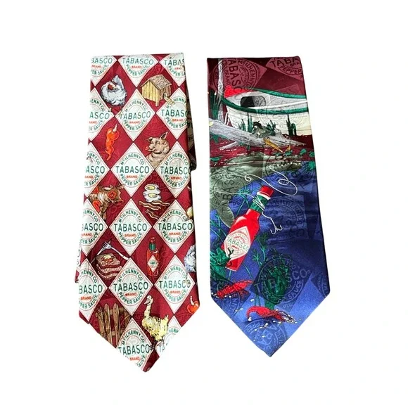 VTG LOT OF 2, Men's Neck Tie TABASCO Bayou at Night Farm to Table SILK