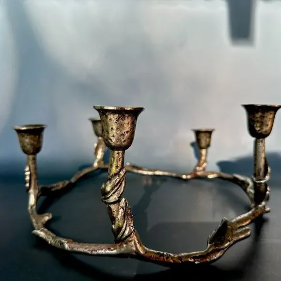 VTG Heavy Cast Metal 5 Taper Candle Holder Twig Branch Wreath Advent Centerpiece