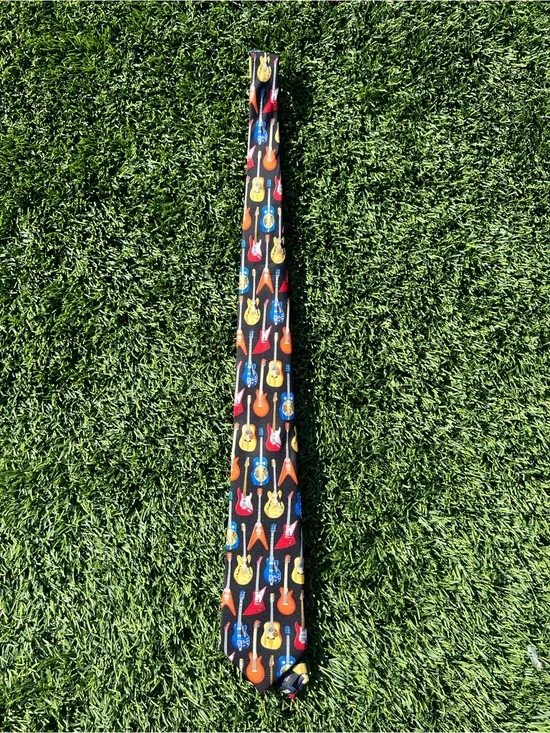 Men's Black Guitar Print Neck Tie - Multicolor Guitars
